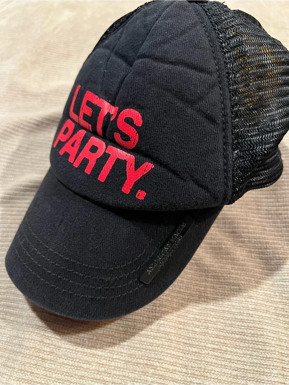 American Eagle Let's Party Black Cap with Red Embroidery